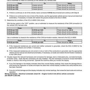May include: A technical document with fault codes for electrical systems. The document includes tables with pin numbers, chassis ground, and expected values for continuity and resistance checks. It also provides instructions for troubleshooting and repair.