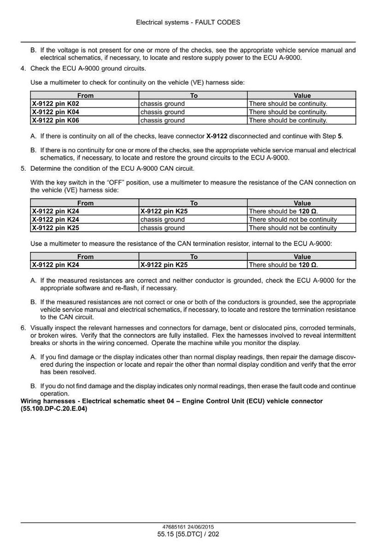 May include: A technical document with fault codes for electrical systems. The document includes tables with pin numbers, chassis ground, and expected values for continuity and resistance checks. It also provides instructions for troubleshooting and repair.