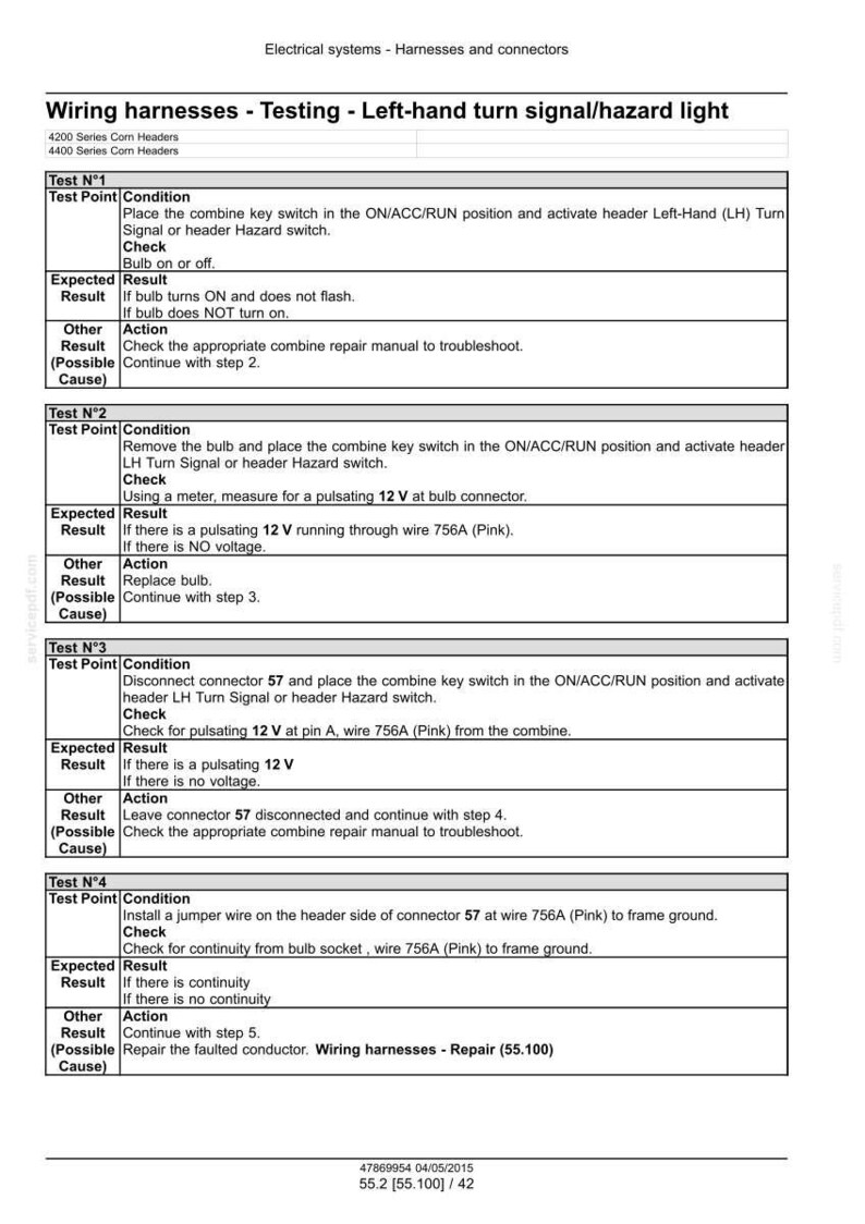 May include: A detailed troubleshooting guide for wiring harnesses, specifically for testing the left-hand turn signal and hazard light. The document includes step-by-step instructions and expected results for various tests.