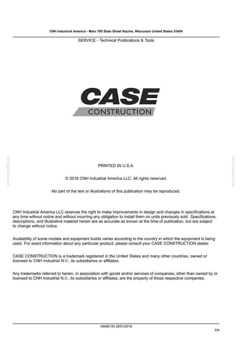 K&ouml;nnte beinhalten: Ein wei&szlig;es Dokument mit dem Text "CASE CONSTRUCTION" in fetter schwarzer Schrift. Das Dokument enth&auml;lt das CNH Industrial America-Logo und Urheberrechtsinformationen. Gedruckt in den USA.