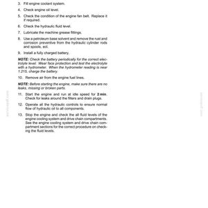 May include: A page from a maintenance manual with the title "Removal from storage" and numbered steps for engine maintenance. The text includes instructions for checking fluids, filters, and the battery. The page is white with black text.