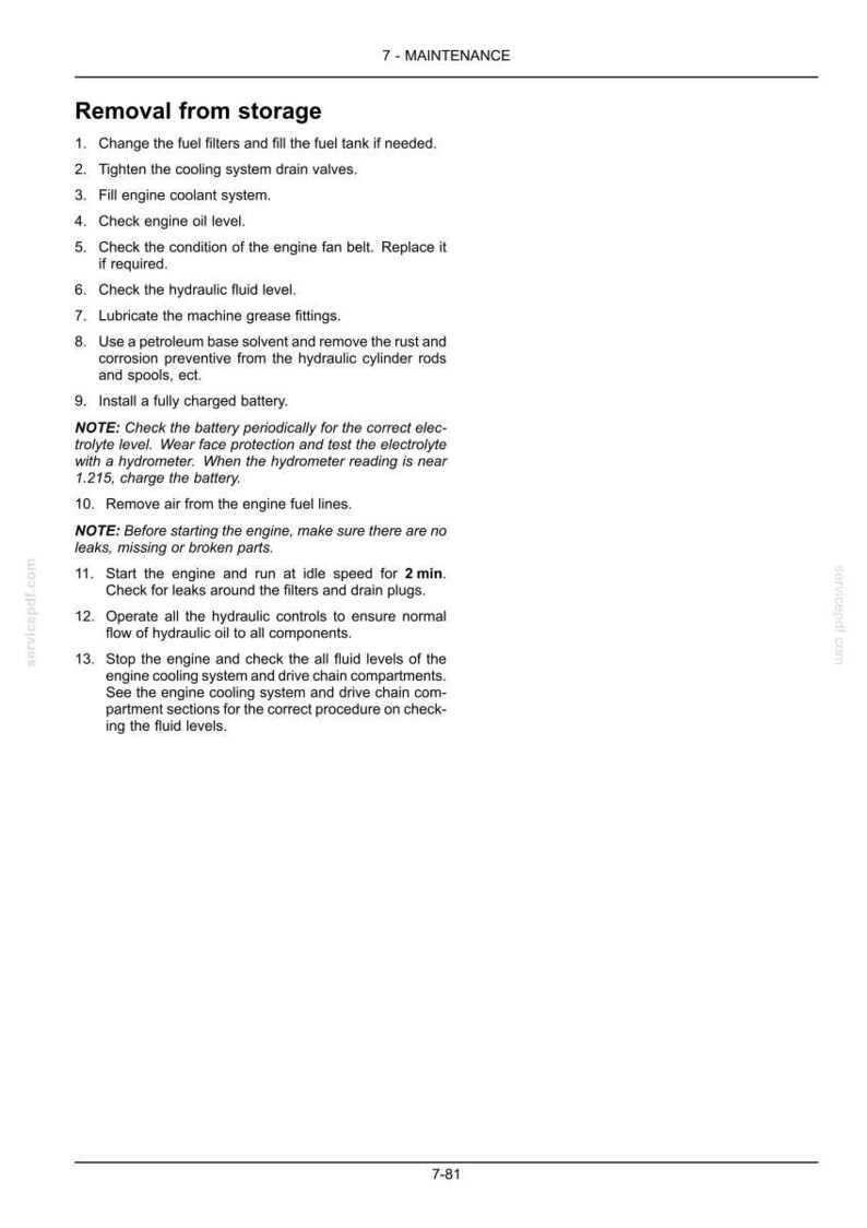 May include: A page from a maintenance manual with the title "Removal from storage" and numbered steps for engine maintenance. The text includes instructions for checking fluids, filters, and the battery. The page is white with black text.