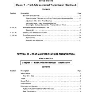 May include: A page from a manual detailing front and rear axle mechanical transmission information. The text includes section titles, chapter headings, and a table of contents with descriptions and page numbers. The book's code is 84241670.