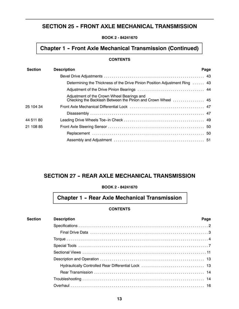 May include: A page from a manual detailing front and rear axle mechanical transmission information. The text includes section titles, chapter headings, and a table of contents with descriptions and page numbers. The book's code is 84241670.