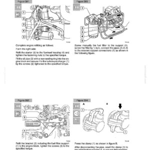 May include: Diagram of an engine overhaul, with detailed illustrations and instructions. The image includes labeled components, diagrams, and text instructions for engine refitting and fuel filter maintenance. The text includes "ENGINE F4GE0684F - F4HE0684J OVERHAUL".