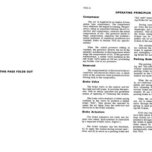 Puede incluir: Una p&aacute;gina de manual t&eacute;cnico en blanco y negro con texto y diagramas. La p&aacute;gina incluye secciones sobre compresores, v&aacute;lvulas de freno y actuadores de freno, con el texto "THIS PAGE FOLDS OUT" en la parte inferior.
