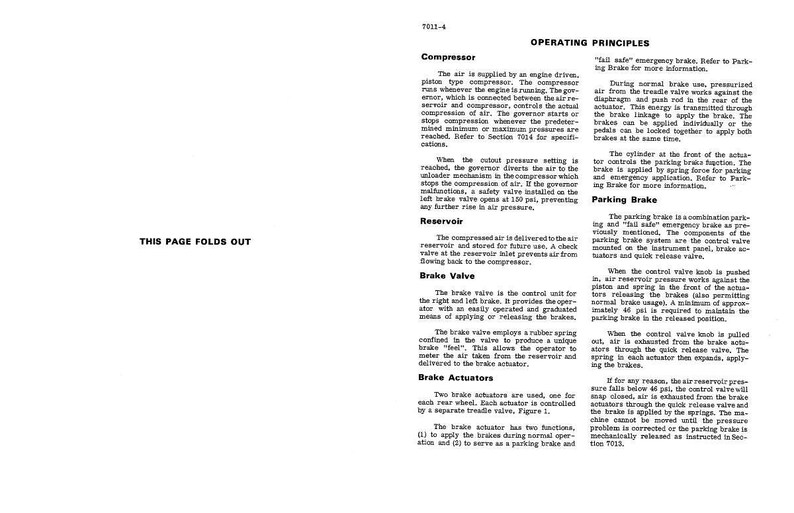 Puede incluir: Una p&aacute;gina de manual t&eacute;cnico en blanco y negro con texto y diagramas. La p&aacute;gina incluye secciones sobre compresores, v&aacute;lvulas de freno y actuadores de freno, con el texto "THIS PAGE FOLDS OUT" en la parte inferior.