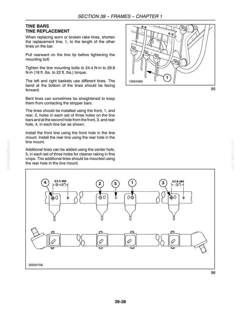 Puede incluir: Una p&aacute;gina de manual t&eacute;cnico titulada SECTION 39 - FRAMES - CHAPTER 1, que detalla el reemplazo de los dientes del rastrillo. Incluye diagramas con llamadas numeradas, instrucciones de texto y medidas de 63,5 mm y 50,8 mm para el espaciado.