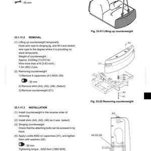 K&ouml;nnte beinhalten: Eine Seite aus einem technischen Handbuch mit dem Titel 33. UPPER STRUCTURE, 33.1.11 COUNTERWEIGHT, die Aus- und Einbauverfahren beschreibt. Sie enth&auml;lt Diagramme mit der Bezeichnung Fig. 33-51, 33-52 und 33-53, die das Gegengewicht, Schrauben, Passscheiben und Stopfen zeigen.
