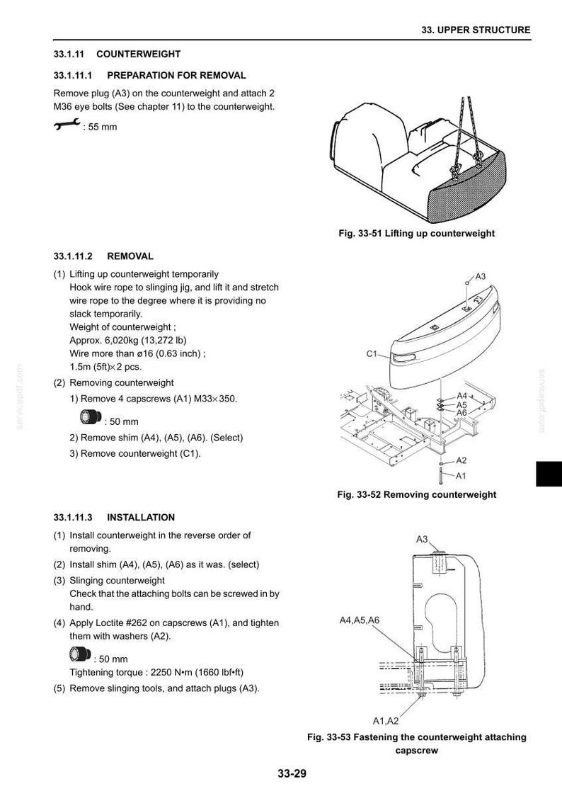 K&ouml;nnte beinhalten: Eine Seite aus einem technischen Handbuch mit dem Titel 33. UPPER STRUCTURE, 33.1.11 COUNTERWEIGHT, die Aus- und Einbauverfahren beschreibt. Sie enth&auml;lt Diagramme mit der Bezeichnung Fig. 33-51, 33-52 und 33-53, die das Gegengewicht, Schrauben, Passscheiben und Stopfen zeigen.