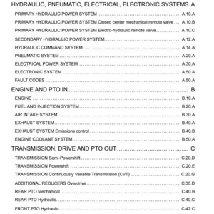 May include: A page titled "Contents" from a manual, listing various systems and components. Sections include hydraulic, pneumatic, electrical, engine, transmission, axles, brakes, and steering, with page references.