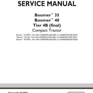 May include: A white service manual cover with the title "SERVICE MANUAL" in bold black font. Below, it lists "Boomer 35", "Boomer 40", and "Tier 4B (final) Compact Tractor". The New Holland Agriculture logo is in the bottom right.