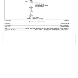 May include: A technical diagram showing a nibbler open/close and slew/swing select switch grip assembly. The document lists part number LF03M01005F3, Sumitomo taping terminal HM090, and specifies use for machines including PW11-30001, PX12-11001, PM07-07001, and PV10-27001.