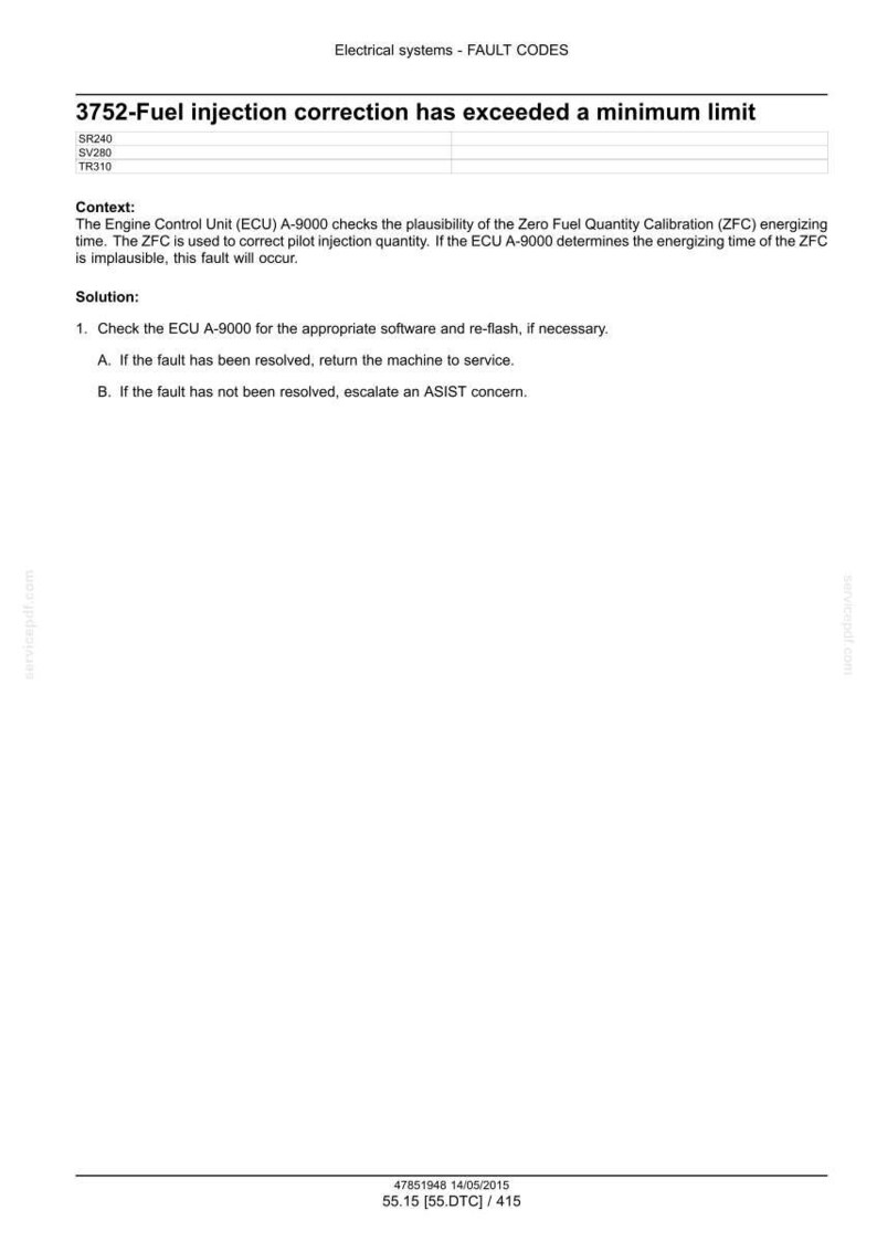 K&ouml;nnte beinhalten: Ein wei&szlig;es Dokument mit der &Uuml;berschrift "Electrical systems - FAULT CODES" und dem Text "3752-Fuel injection correction has exceeded a minimum limit." Es enth&auml;lt Kontext und eine L&ouml;sung f&uuml;r ein Einspritzproblem.