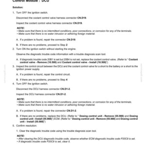 May include: A document detailing fault codes for electrical systems, specifically addressing the 20B4-Urea fluid tank heater coolant control valve circuit high voltage. Includes troubleshooting steps, connector diagrams, and diagnostic procedures for automotive repair.