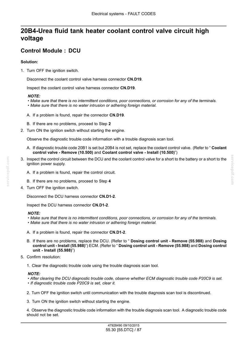 May include: A document detailing fault codes for electrical systems, specifically addressing the 20B4-Urea fluid tank heater coolant control valve circuit high voltage. Includes troubleshooting steps, connector diagrams, and diagnostic procedures for automotive repair.