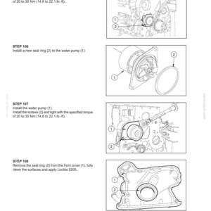 May include: Diagram of engine components with labels and instructions. Step-by-step guide includes installing the oil pump, seal ring, and water pump. Torque specifications are provided in lb.-ft. for tightening screws. The image is a technical illustration.