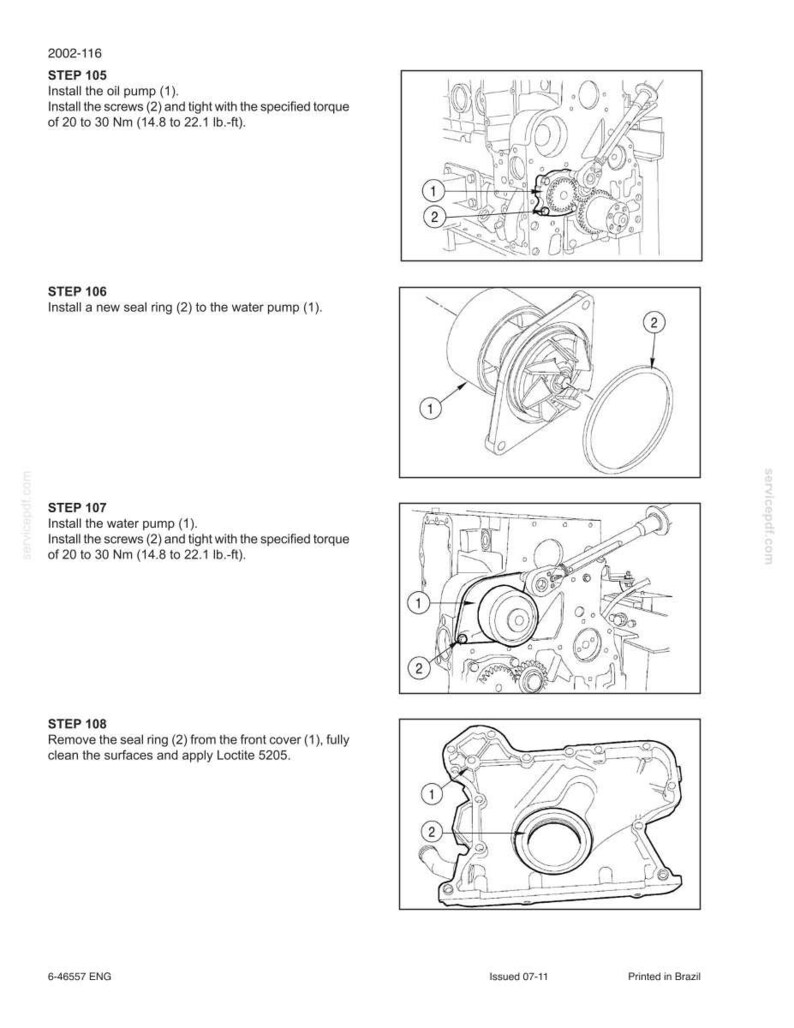 May include: Diagram of engine components with labels and instructions. Step-by-step guide includes installing the oil pump, seal ring, and water pump. Torque specifications are provided in lb.-ft. for tightening screws. The image is a technical illustration.