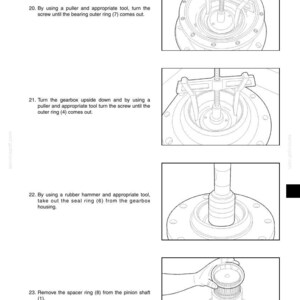 K&ouml;nnte beinhalten: Eine Seite aus einem technischen Handbuch mit dem Titel 33. UPPER STRUCTURE, die vier schwarz-wei&szlig;e Strichzeichnungen zur mechanischen Demontage zeigt. Die Abbildungen zeigen einen Abzieher f&uuml;r Lagerringe, einen Gummihammer und die Entnahme eines Distanzrings.