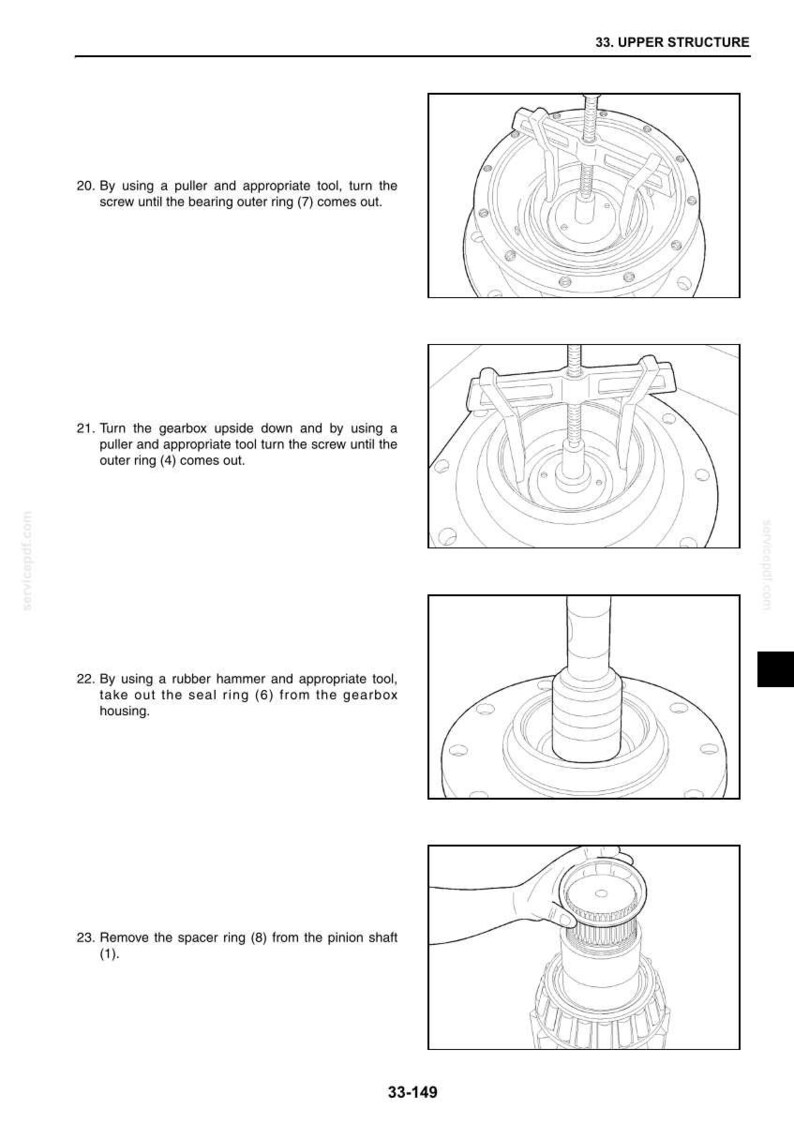 K&ouml;nnte beinhalten: Eine Seite aus einem technischen Handbuch mit dem Titel 33. UPPER STRUCTURE, die vier schwarz-wei&szlig;e Strichzeichnungen zur mechanischen Demontage zeigt. Die Abbildungen zeigen einen Abzieher f&uuml;r Lagerringe, einen Gummihammer und die Entnahme eines Distanzrings.