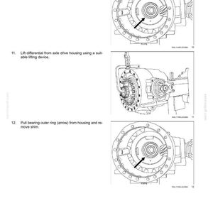 K&ouml;nnte beinhalten: Technische Diagramme, die die Wartungsverfahren des Hinterachssystems veranschaulichen. Die Bilder zeigen das Entfernen von Lagerringen und das Anheben des Differenzials, mit begleitendem Text und Pfeilen.