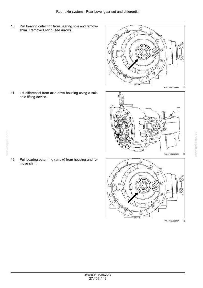 K&ouml;nnte beinhalten: Technische Diagramme, die die Wartungsverfahren des Hinterachssystems veranschaulichen. Die Bilder zeigen das Entfernen von Lagerringen und das Anheben des Differenzials, mit begleitendem Text und Pfeilen.