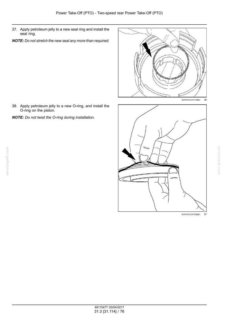 May include: Diagram of a Power Take-Off (PTO) system, illustrating the installation of a seal ring and an O-ring. The image includes instructions to apply petroleum jelly and avoid stretching or twisting the components. The text includes the date 20/04/2017.