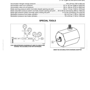 Peut inclure: Une page de document technique intitul&eacute;e SPECIFICATIONS et SPECIAL TOOLS, listant le d&eacute;bit de la pompe de frein, les pressions de l'accumulateur et les r&eacute;glages des interrupteurs. Inclut des sch&eacute;mas du kit de charge d'azote CAS-10899 et de l'adaptateur 380001168.