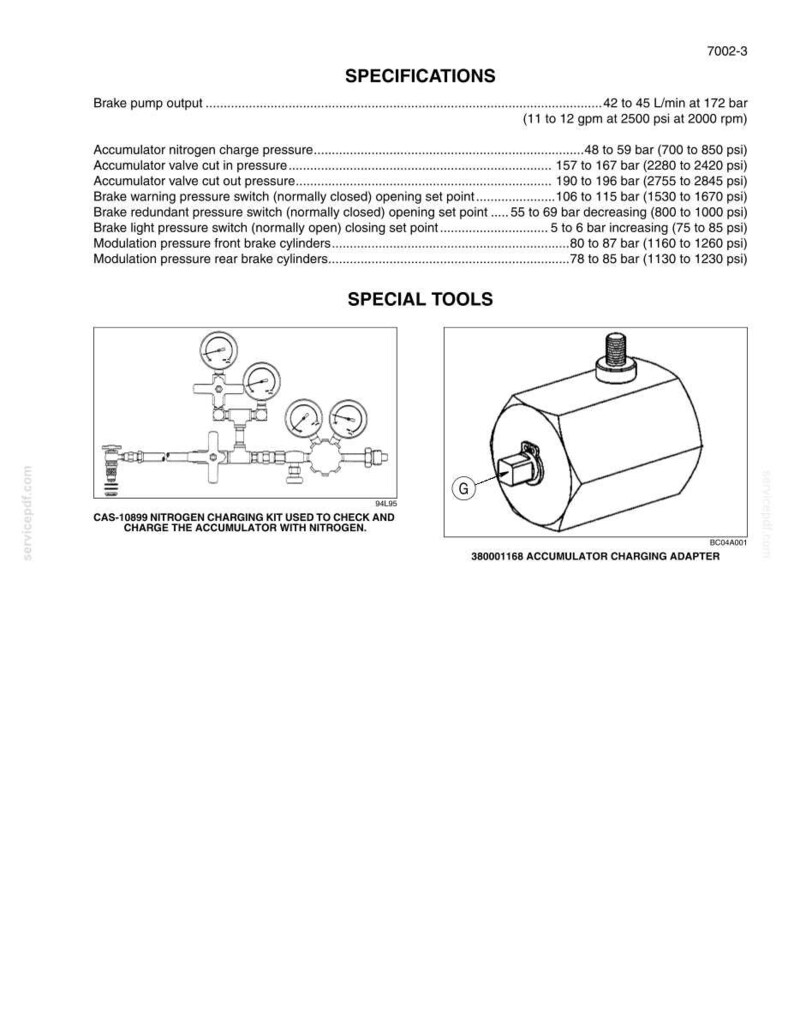 Peut inclure: Une page de document technique intitul&eacute;e SPECIFICATIONS et SPECIAL TOOLS, listant le d&eacute;bit de la pompe de frein, les pressions de l'accumulateur et les r&eacute;glages des interrupteurs. Inclut des sch&eacute;mas du kit de charge d'azote CAS-10899 et de l'adaptateur 380001168.