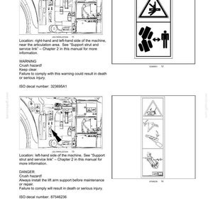 Op de afbeelding: Een pagina uit een technisch handboek getiteld 2-SAFETY INFORMATION met twee waarschuwingsstickers voor beknellingsgevaar. De eerste toont een hefarm- en persoonpictogram met ISO-nummer 323695A1. De tweede toont een steunmechanisme met ISO-nummer 87546236.