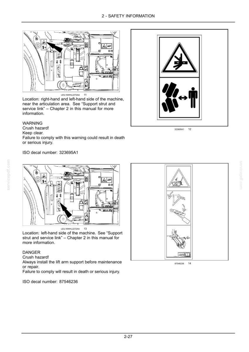 Op de afbeelding: Een pagina uit een technisch handboek getiteld 2-SAFETY INFORMATION met twee waarschuwingsstickers voor beknellingsgevaar. De eerste toont een hefarm- en persoonpictogram met ISO-nummer 323695A1. De tweede toont een steunmechanisme met ISO-nummer 87546236.