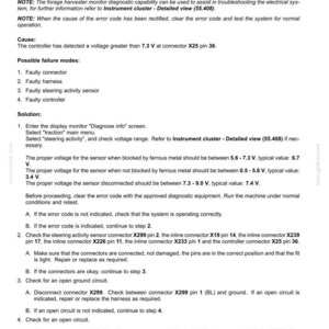 May include: A document titled "E0549-05-Steering activity, Current below normal or open circuit" with troubleshooting steps for a control module. Includes voltage ranges, connector checks, and wire harness information.