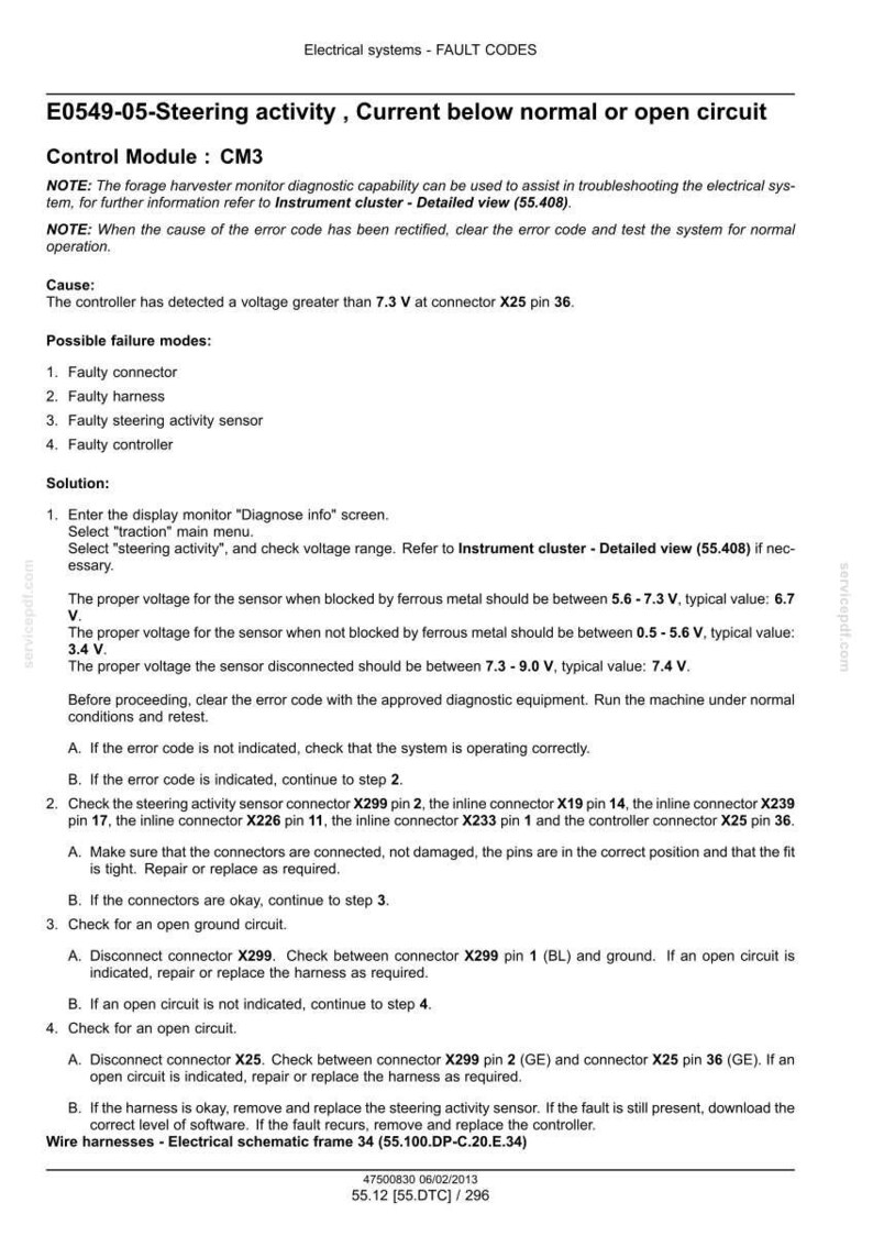 May include: A document titled "E0549-05-Steering activity, Current below normal or open circuit" with troubleshooting steps for a control module. Includes voltage ranges, connector checks, and wire harness information.
