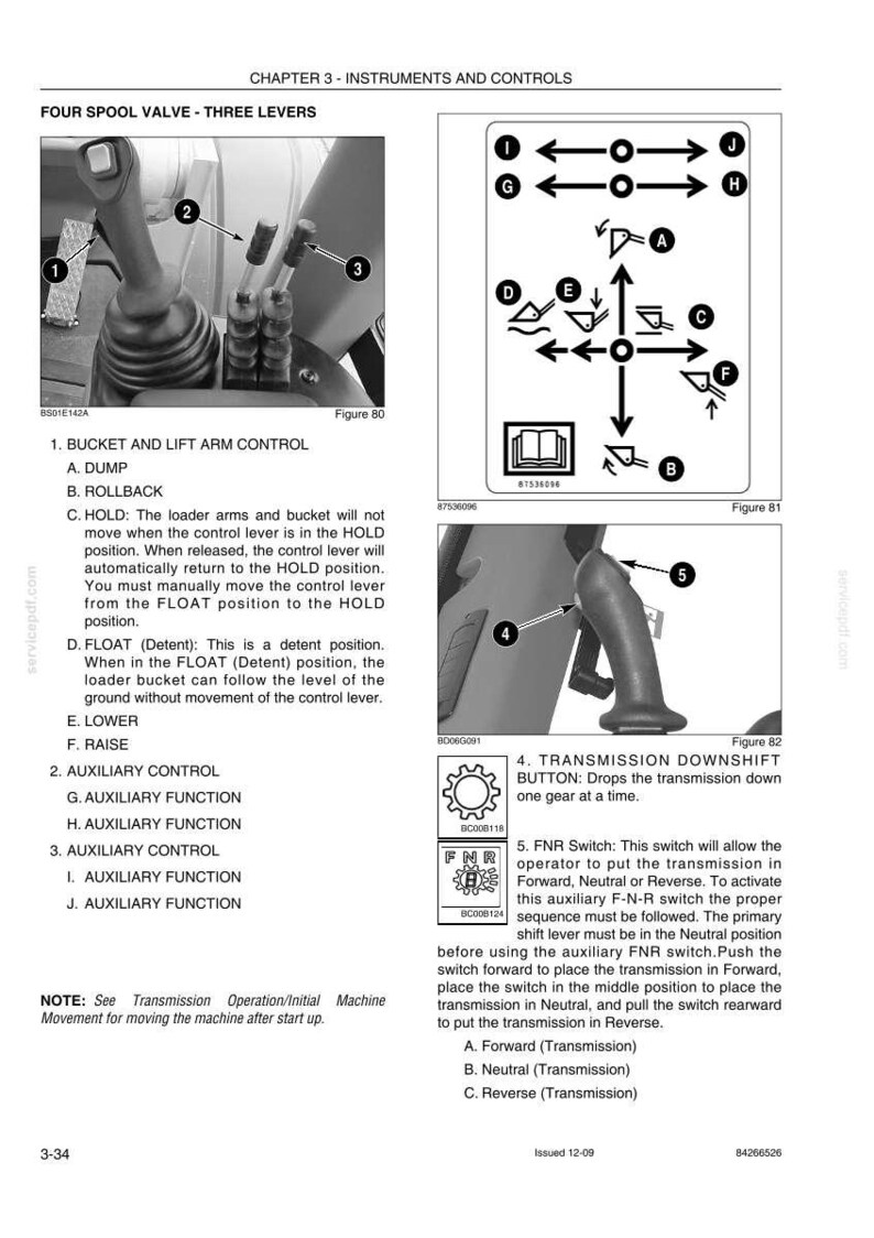 May include: Diagram of a four-spool valve with three levers, illustrating bucket and lift arm control, auxiliary control, and transmission functions. Includes diagrams and text labels for each control.