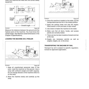 May include: Diagrams and instructions for transporting heavy machinery on a trailer and by rail. Includes illustrations of the machine and trailer, with labels for overall width, height, and length. Text includes safety guidelines and loading procedures.
