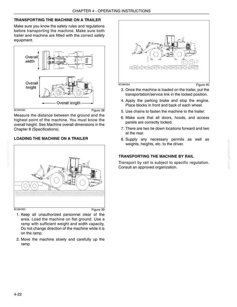 May include: Diagrams and instructions for transporting heavy machinery on a trailer and by rail. Includes illustrations of the machine and trailer, with labels for overall width, height, and length. Text includes safety guidelines and loading procedures.