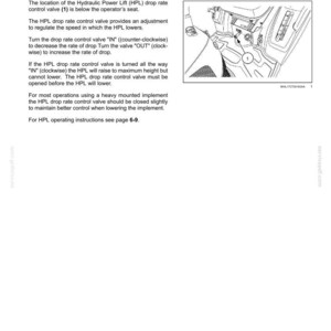 May include: A technical manual page titled 3-CONTROLS AND INSTRUMENTS featuring a black and white line drawing of a Hydraulic Power Lift drop rate control valve labeled 1, with text explaining how to adjust the valve to regulate lift speed.