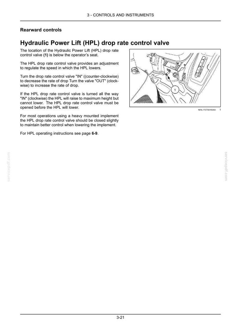 May include: A technical manual page titled 3-CONTROLS AND INSTRUMENTS featuring a black and white line drawing of a Hydraulic Power Lift drop rate control valve labeled 1, with text explaining how to adjust the valve to regulate lift speed.