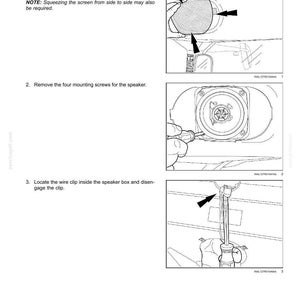 May include: Diagram illustrating the removal of a cab radio speaker. Step-by-step instructions include removing the screen, screws, and wire clip. The image is a technical illustration with arrows indicating the process.