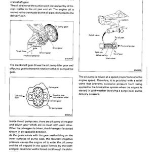 May include: A technical manual page titled LUBRICATION - GENERAL, page 12-3, featuring black and white line drawings of an oil pump, gears, and a relief valve. Diagrams show the suction side, delivery side, drive gear, and driven gear components.