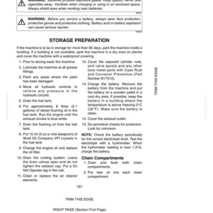 May include: A printed page with the title "MACHINE STORAGE" and safety warnings about batteries. Instructions include preparing the machine for storage, such as washing, lubricating, and draining fluids. The page also details chain compartment maintenance.