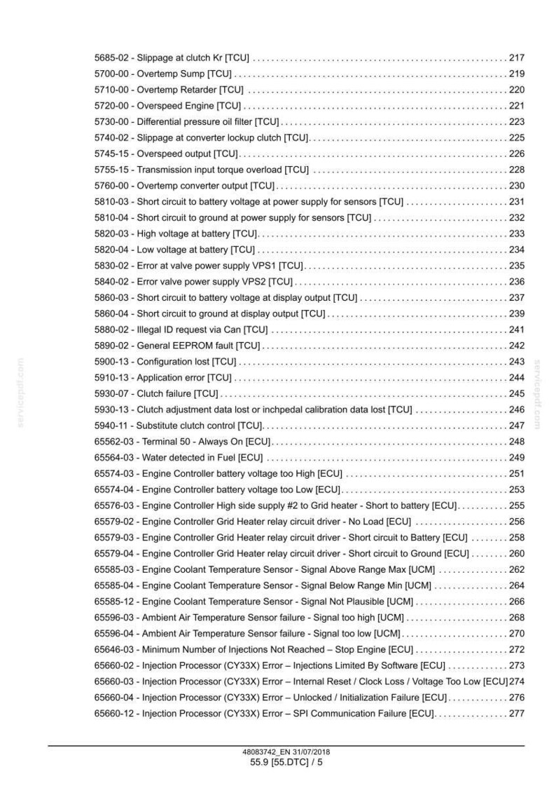 May include: A printed page with a list of engine control unit (ECU) and transmission control unit (TCU) error codes, including voltage, temperature, and sensor failures. The document includes a date and version number.