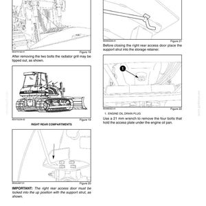 May include: Diagrams from a manual detailing machinery maintenance. Includes illustrations of a radiator grill, access door, and engine oil drain plug. Instructions are provided for removing bolts and accessing components.