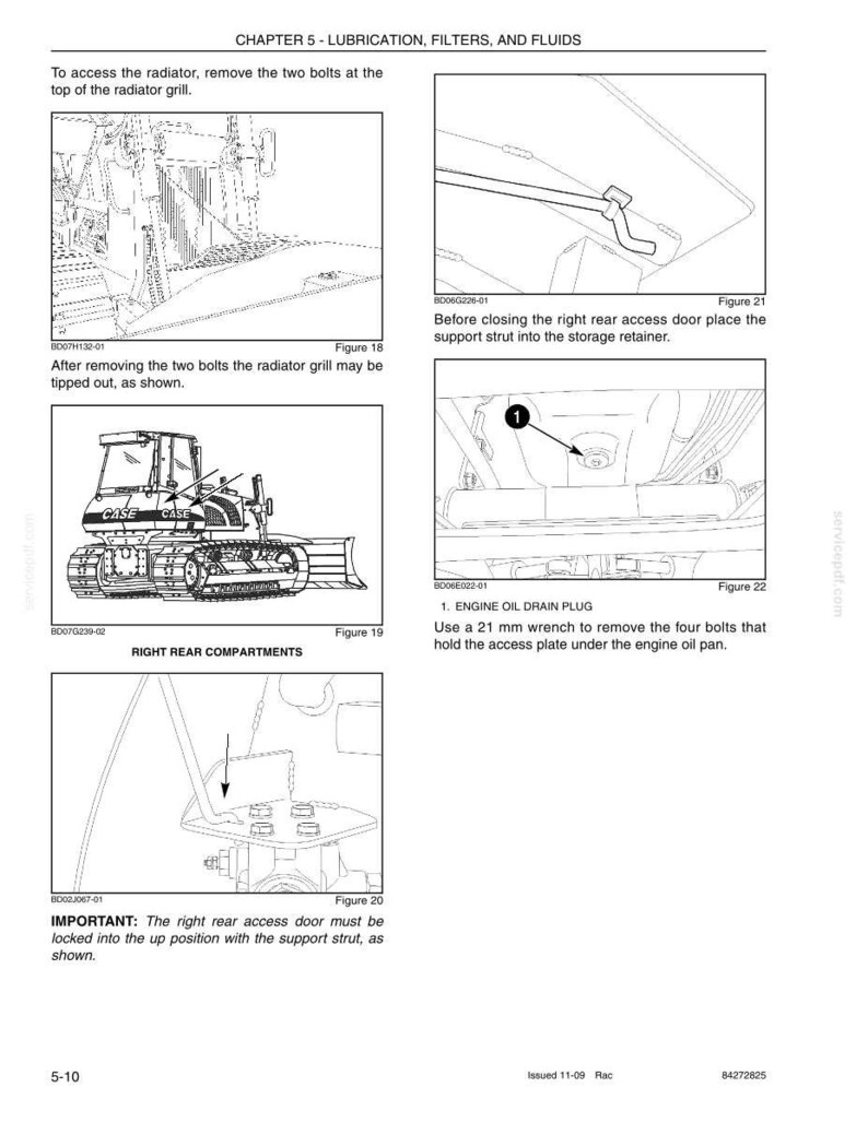 May include: Diagrams from a manual detailing machinery maintenance. Includes illustrations of a radiator grill, access door, and engine oil drain plug. Instructions are provided for removing bolts and accessing components.