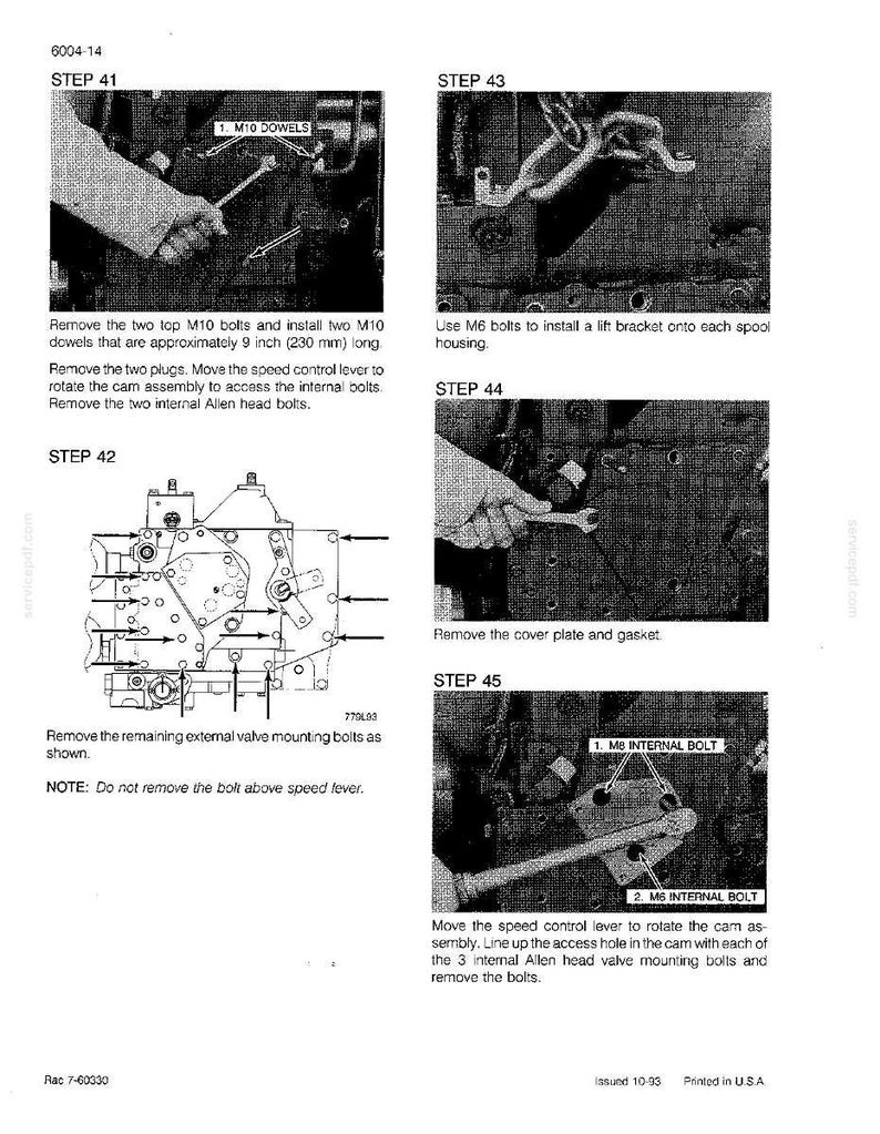 May include: A black and white technical diagram with step-by-step instructions for mechanical assembly. The image includes close-ups of tools and components, with measurements in inches. Text instructions accompany each step, detailing the process.