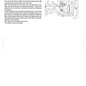 May include: A technical manual page titled 7-MAINTENANCE featuring instructions to Check first stage fuel filter and water trap. It includes a black and white line drawing of a tractor engine component with labels 1 and 2 pointing to parts.