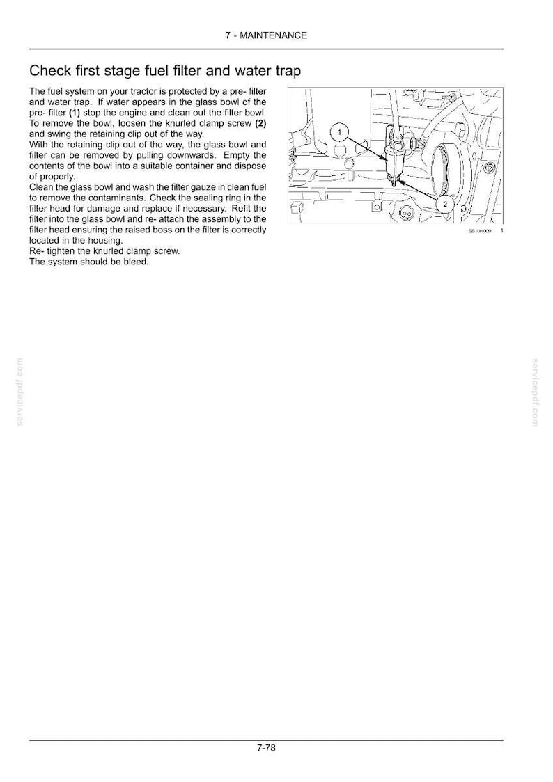 May include: A technical manual page titled 7-MAINTENANCE featuring instructions to Check first stage fuel filter and water trap. It includes a black and white line drawing of a tractor engine component with labels 1 and 2 pointing to parts.