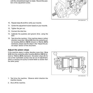 May include: Diagram of hydrostatic drive pump and motor components. The image includes a detailed illustration of the pump assembly and a cross-sectional view of the piston stops. Text provides instructions for adjusting the components.