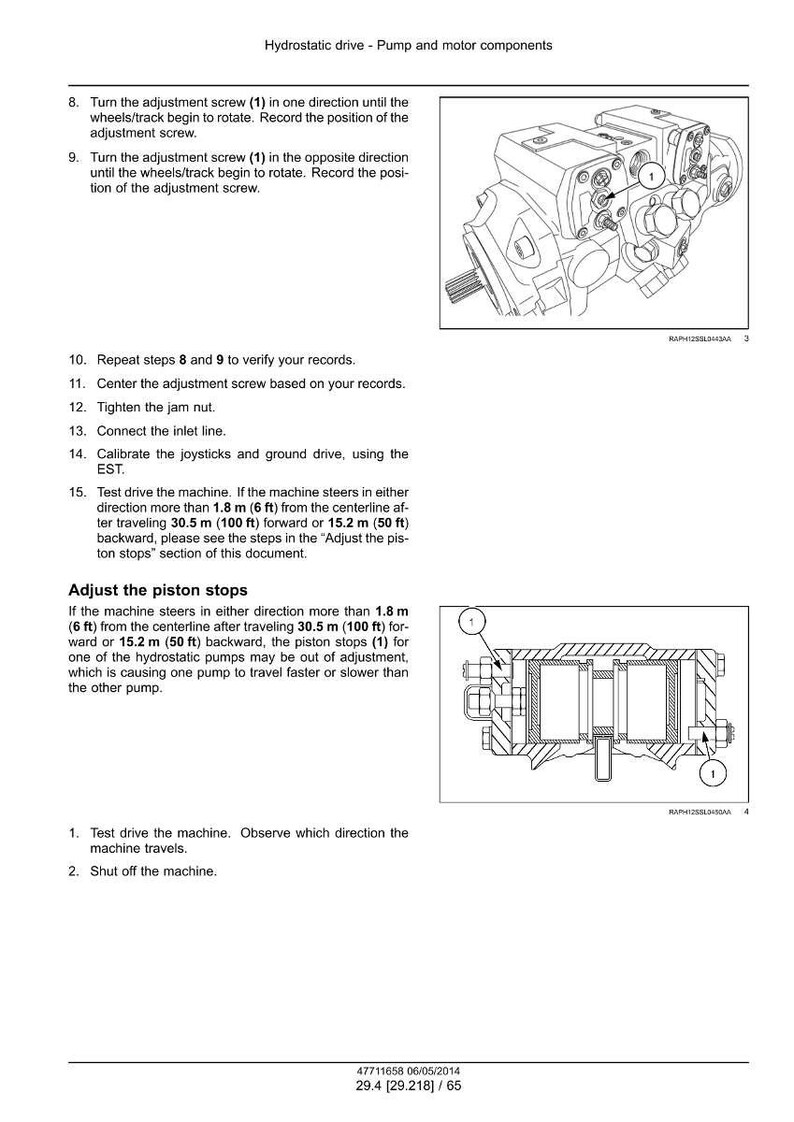 May include: Diagram of hydrostatic drive pump and motor components. The image includes a detailed illustration of the pump assembly and a cross-sectional view of the piston stops. Text provides instructions for adjusting the components.