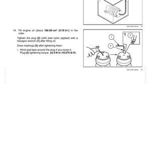May include: Diagram of track rollers with instructions. Step-by-step guide includes filling engine oil (about 9.76 in&sup3;) and tightening plugs with a hexagon wrench. Includes torque specifications of 18.070 lb ft.